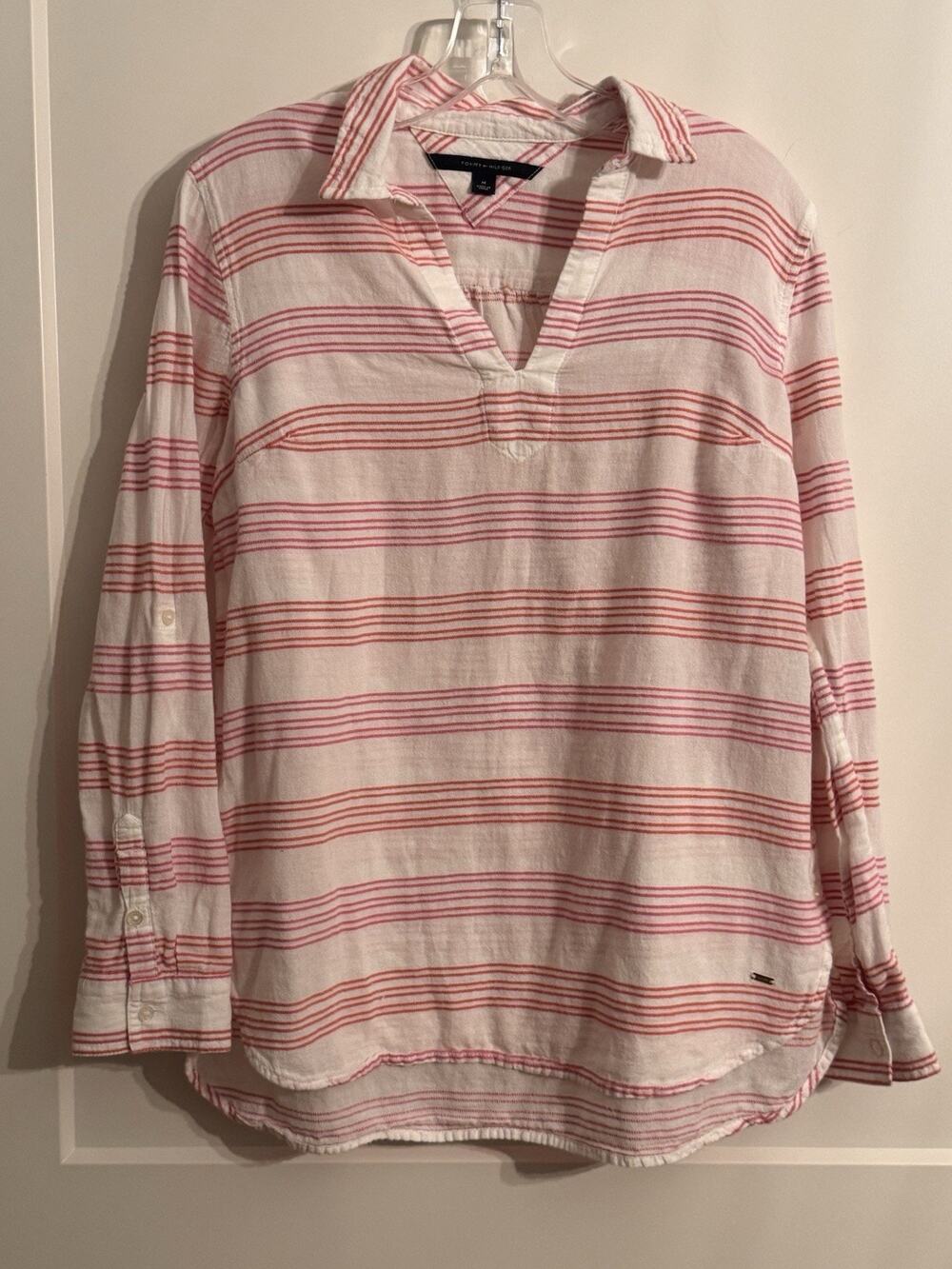 Tommy Hilfiger pink orange white striped cotton shirt Sz M Preppy Resort Beach